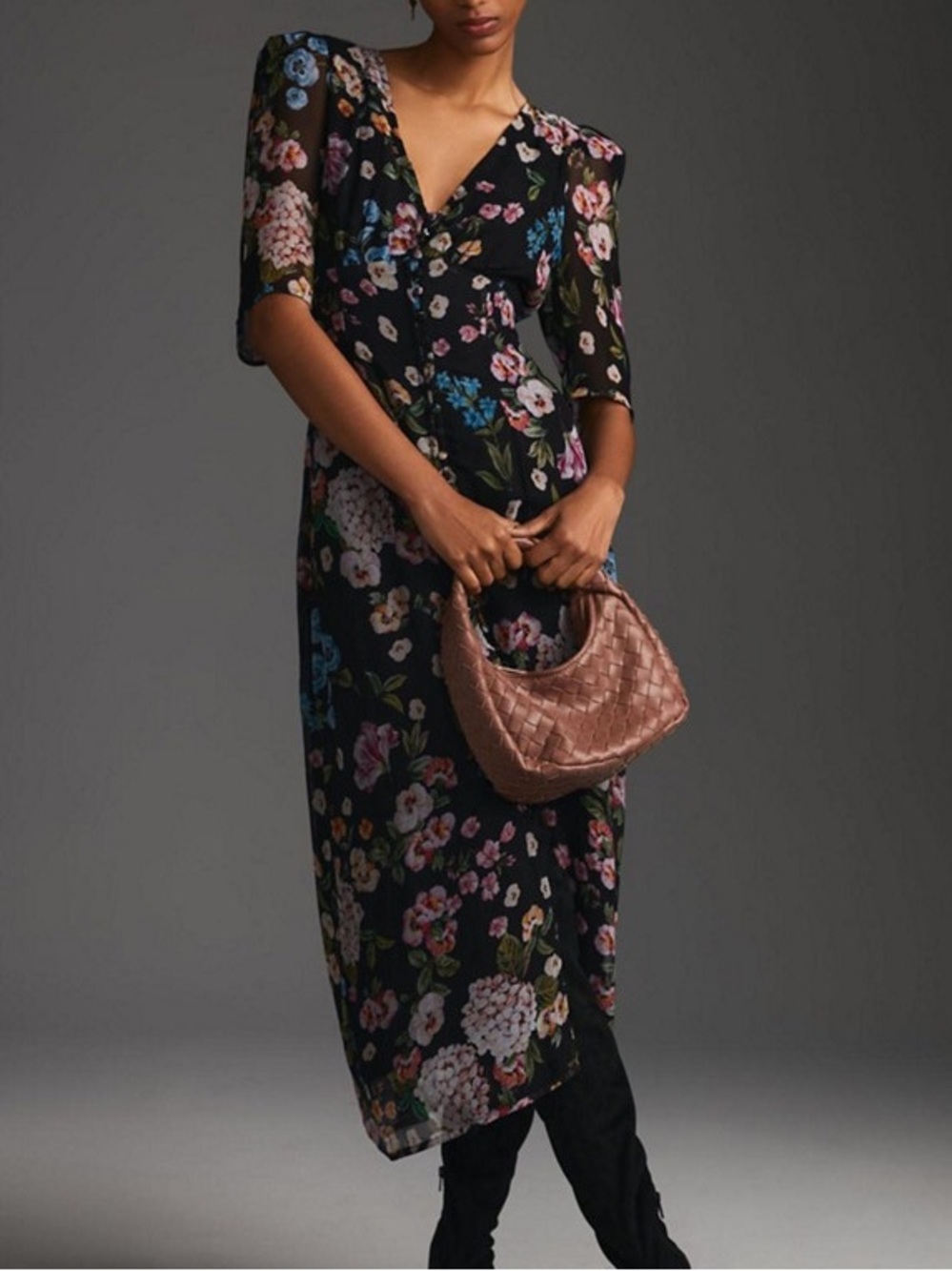Anthropologie Black Floral Midi Dress with Multicolor Blooms
